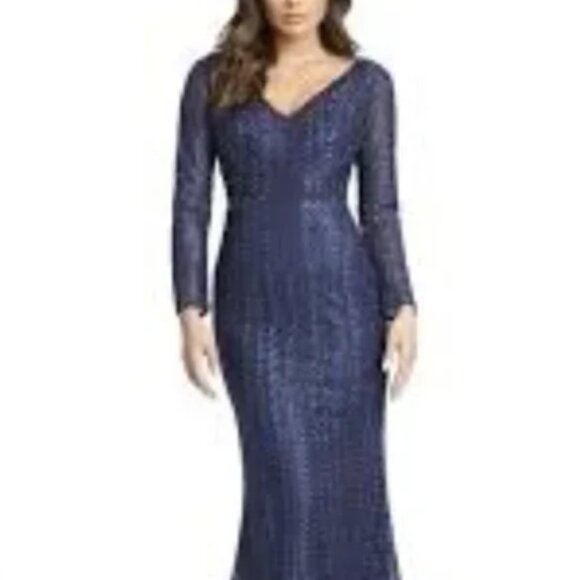 MAC DUGGAL; NWT EMBROIDERED LONG SLEEVE V NECK TRUMPET GOWN NWOT Size 18 - Picture 1 of 9